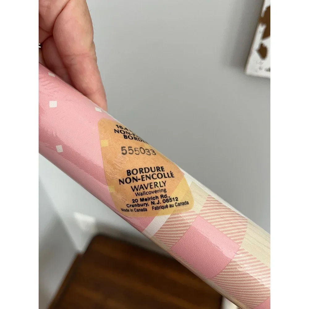 Waverly Non-Pasted Wallpaper Border Pink and white with star gingham Vtg decor